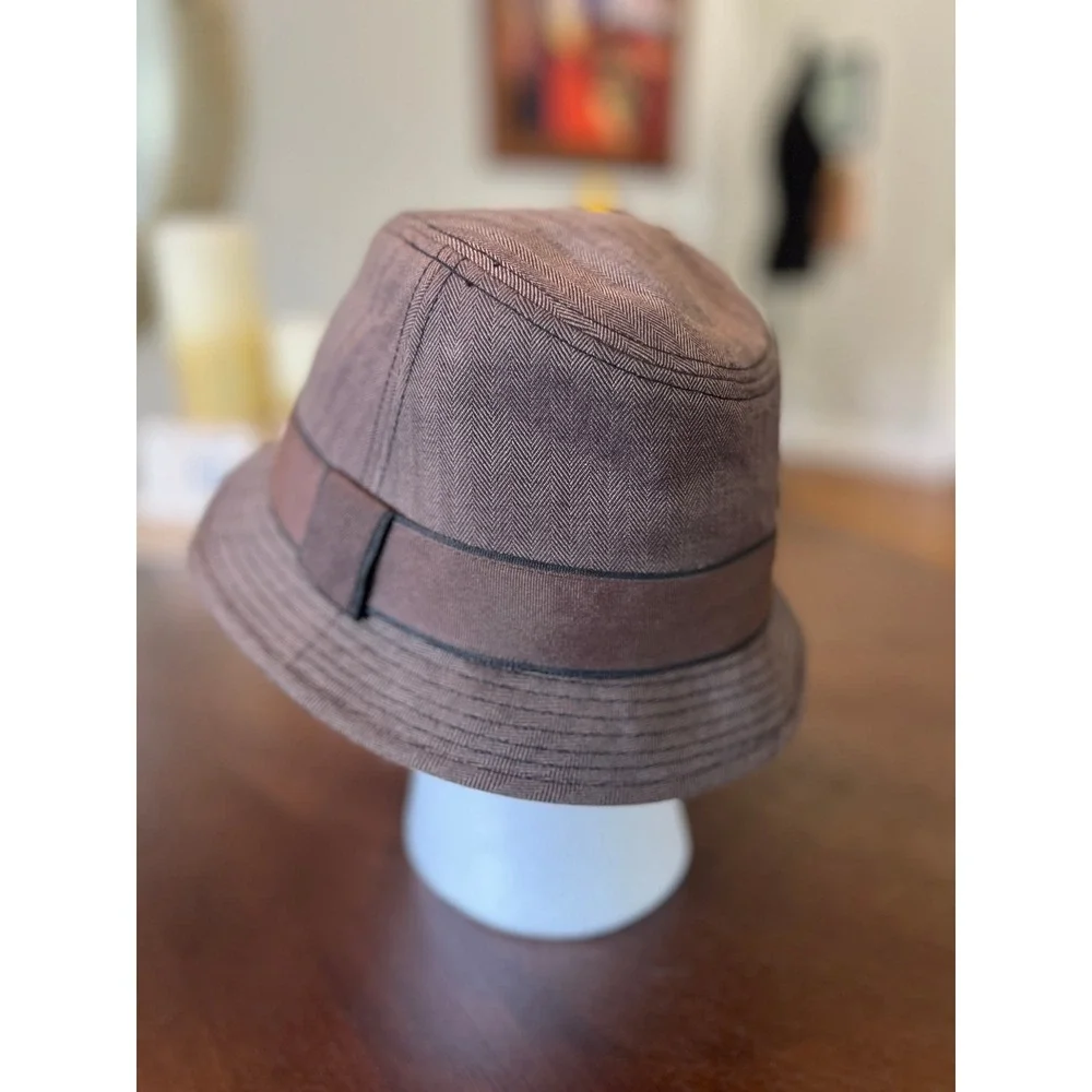 Dorfman Milano Brown Herringbone Fedora Hat Mens Large Stingy Brim Trilby Cap
